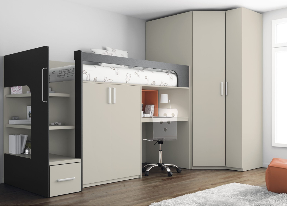 Двухъярусная детская кровать со шкафом и столом Двухъярусная детская кровать со шкафом и столом